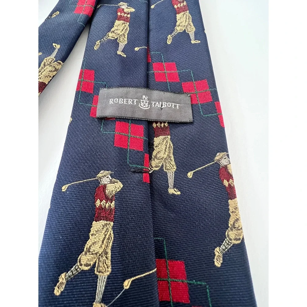 Robert Talbott Mens Silk Tie Navy Blue Red Argyle Vintage Golfers Sporty Preppy